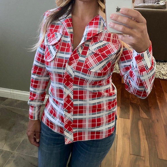 Vtg 70s Center Stage Plaid Polyester Top Retro Mod - Picture 3 of 5